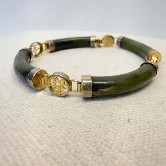 Nephrite Jade Circular Panel Bracelet Vintage Gold-Tone Chinese Symbols - Picture 1 of 10